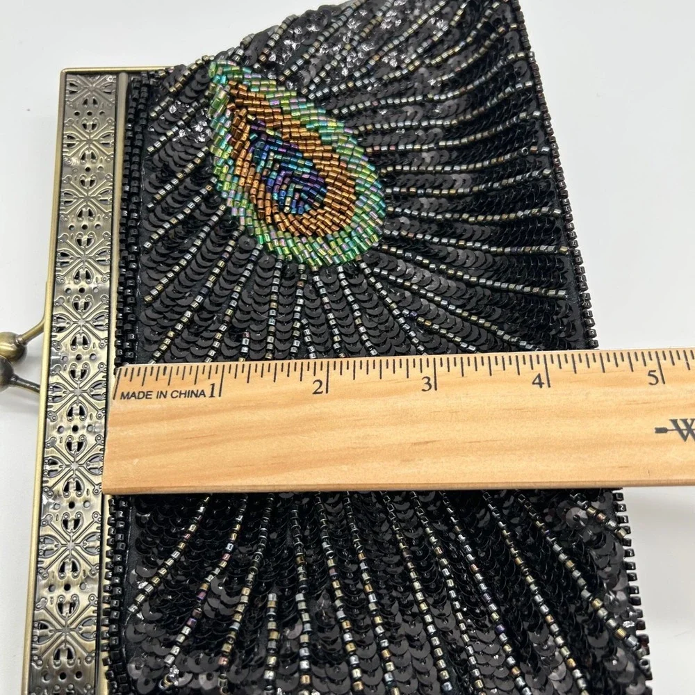 Peacock Black Clutch Purse Beaded Sequin Evening Bag Chain‎ Handle